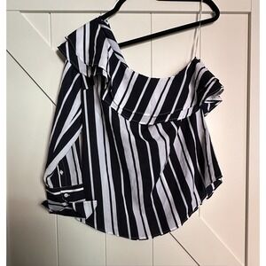 Banana‎ Republic Navy Striped One Shoulder French Cuff Blouse Ruffle Neck Size M